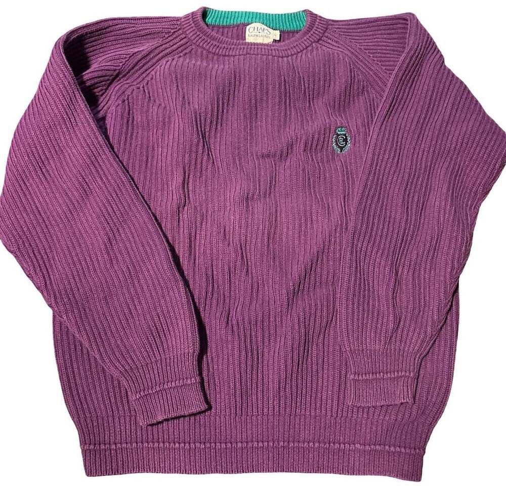 Vintage Chaps Ralph Lauren Sweater Mens L Purple Teal Crest 100% Cotton 90s